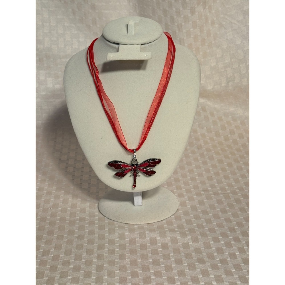Red Silver Tone Enamel & Gems Dragonfly Pendant Necklace
